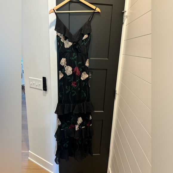 LuLus True to Heart Black Floral Embroidered Maxi Dress Rose ruffle gown Small - Picture 6 of 15